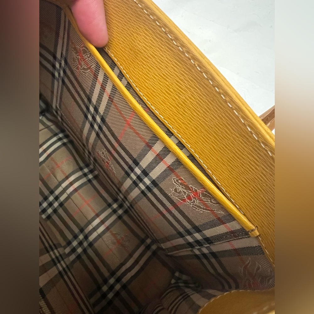 Burberry Yellow Leather Top Handle Handbag Vintage Haymarket Check Mustard Brown - Picture 7 of 12